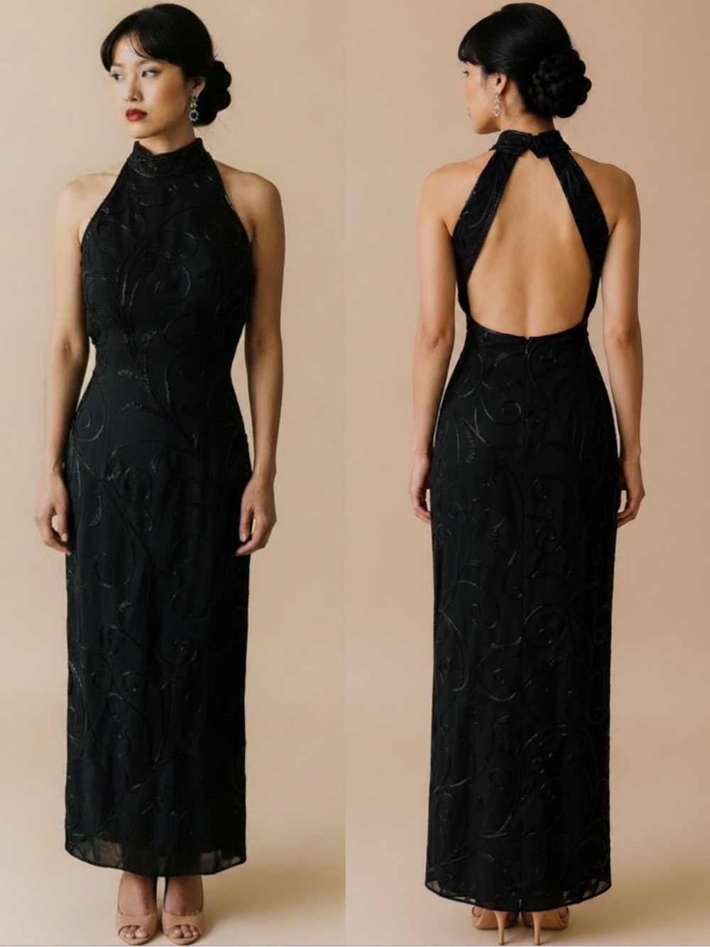 JE MATADI Sean Mehta Vintage Black Halter Maxi Dress Open Back Formal Evening 6
